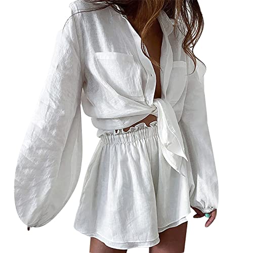 Generisch Mujer Verano Liso Encaje Manga Larga Pantalones Cortos Moda Casual Conjunto Sexy Lencería, Blanco, 3XL