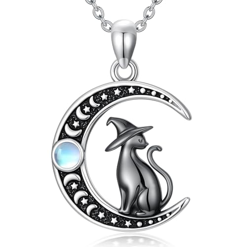 Collier chat noir en argent 925 et pierre de lune pour femme