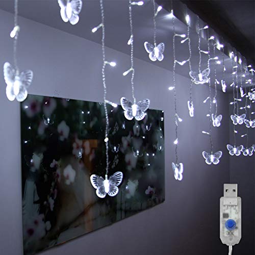 Decorman Curtain Lights USB Powered 8 Modes Waterproof Window Curtain String Lights with 10 Butterflies Twinkle Lights for Christmas Holiday Party Room Decoration (Cool White)