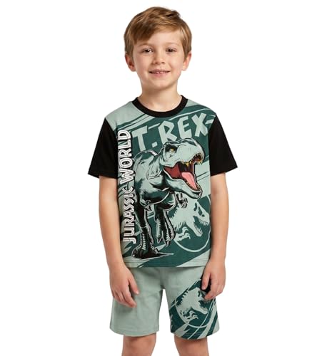 Jurassic World Boys Pyjama Set | T-Rex Print Cotton T-Shirt & Elasticated Waist Shorts Pjs |Dinosaur Sleepwear (4-5 Years) Green