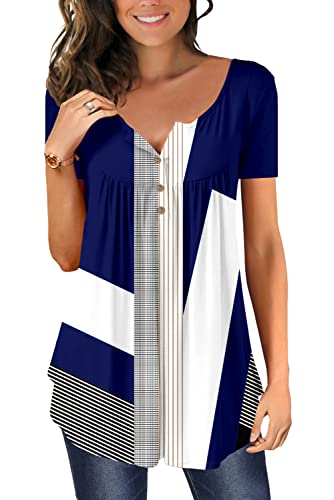 Image of Magritta Women Blouses Short Sleeve Tunic Tops Plus Size Summer Shirts Floral Printed V Neck Casual T Shirt Tops Geometry 3X-Large, 26-28