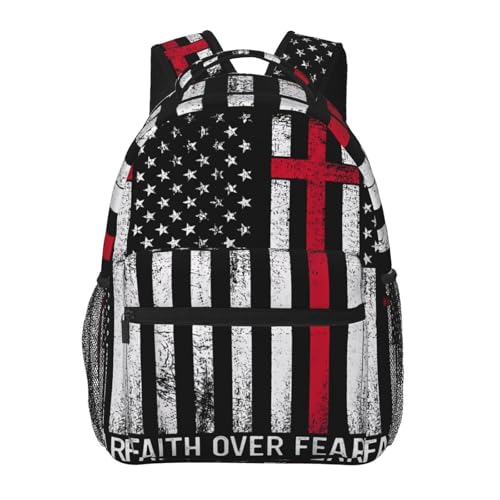 Faith Over Fear Patriotic Christian Cross American Flag Laptop Backpacks Double Shoulder Laptop Pack Bag Daypack Back Pack Bags Rucksack Computer Bag with Side Pockets Front Zipper Pockets