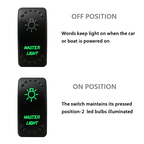 Image of Green Backlit Rocker Switch 5 Pin ON-Off Laser Etched Button Switch with Wires for Car Marine Boat UTV 20A /12V 10A /24V (Master Light)