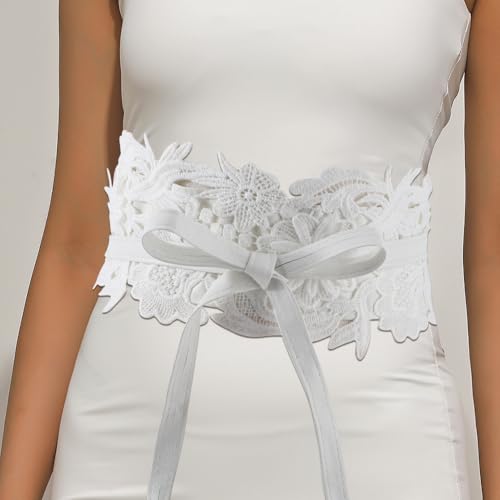 White Cinch Corset Boho Lace Up Waist Belt Vintage Flower Bowknot Wide Faux Leather Bow Tie Wrap Around Obi Trendy Waistband Belts Bulk for Women Dresses Clothes Shirts Costume Accessory4