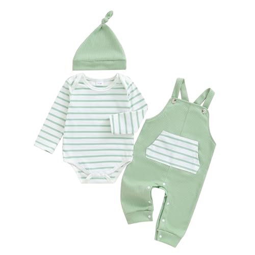 Image of LAGKIYOJ Newborn Baby Boy Summer Clothes Stripe Rompers Suspender Pants Hat Cute Coming Home Outfit 0 3 6 9 12 18 Months