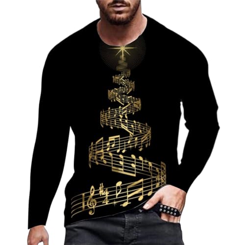 Camisa de Navidad para hombre con estampado 3D funky, camisas de vestir a la moda, ocio, cómoda, con estampado de árbol de Navidad, camiseta de manga larga, Negro, XL