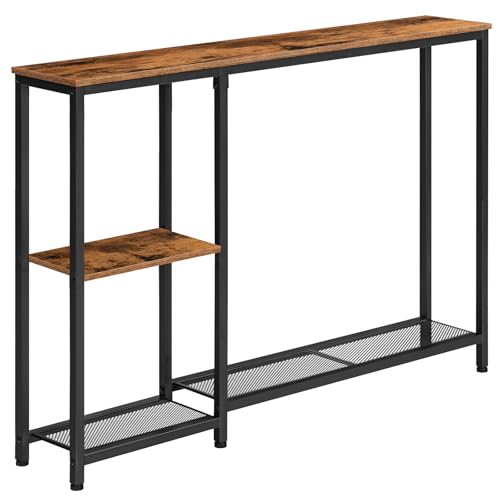HOOBRO Mesa de Consola Estrecha, Mesa de Pasillo con Estante, Aparador, Estantería de Estilo Industrial con Marco Metálico, Entrada, Vestíbulo, detrás del Sofá, Marrón Rústico y Negro EBF86XG01