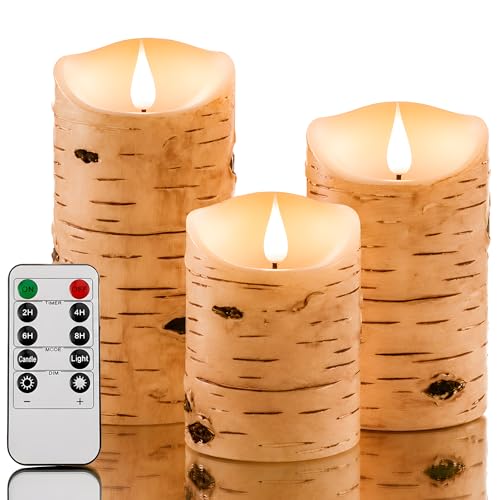 NICEME Flameless Candles Birch Bark Texture Flickering Flame Battery Operated LED Candles Electric Plastic Candles with Remote Timer for Home Decor Rustic Wedding Centerpiece Gift Set of 3
