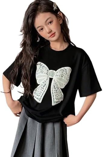 Street And Sense Tween Girl Round Neck Short Sleeve Bow &amp; Floral Print T-Shirt, Spring/Summer