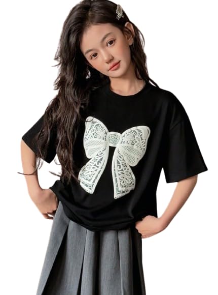 Cute White Bow Print Black T-Shirt for Girls | Aesthetic Ribbon Graphic Tee | Soft Cotton Casual Wear | Trendy Kids Stylish Outfit-image-0