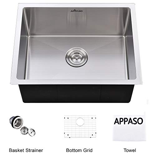 APPASO 23-Inch Handmade Single Bowl Kitchen Sink Undermount, Commercial 18-Gauge Stainless Steel 10-Inch