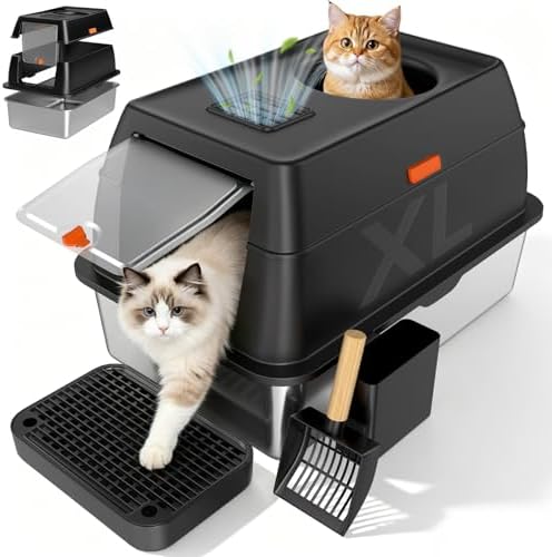 Extra Large Stainless Steel Litter Box with Lid, High Sided Enclo...