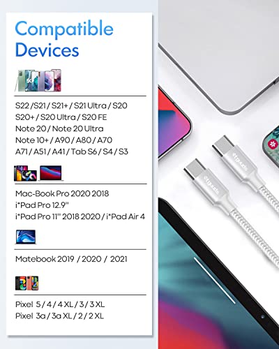 Etguuds White Usb C To Usb C Cable [6Ft, 2-Pack], 60W Fast Charging Type C To Type C Charger Cable For Samsung Galaxy S23 S22 S21 S20 Ultra 5G, Z Flip/Fold 4 3, Note 20, Pixel 7 6 Pro & Usb-C Laptop #TOP6