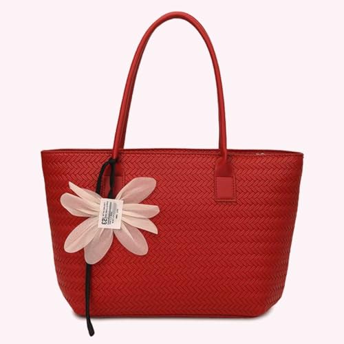 Women Casual Woven Tote Handbag with Pendant PU Leather Work Shoulder Bag (Red)3