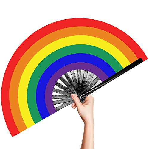 OMyTea Pride Rainbow LGBT Fan - Large Rave Clack Folding Hand Fan for Men Women Gays Drag Queens - for EDM, Music Festival, Club, Event, Party, Dance, Performance, Gift (Rainbow)