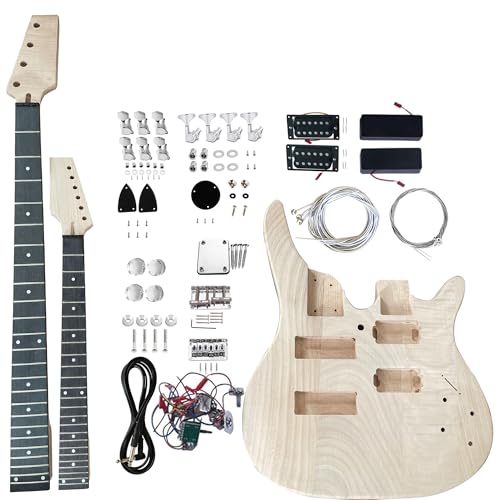 Electric Guitarr and Bass Double Neck Kit 6 String and 4 String Guitarr Kits Right Handed with Mahogany Body Mahogany Neck Rosewood Fingerboard Chrome Hardware DIY Build Your Own Bass and Guitarr.