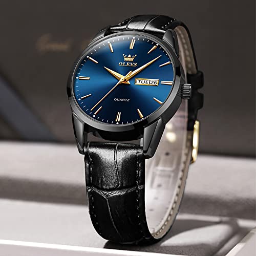 Olevs Men Wrist Watches For Men Blue Dial Black Leather Big Face Analog Quartz Calendar Day Date Waterproof Luminous Male Luxury Casual #TOP3