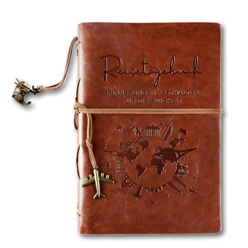 COMOOKA PU-Leder Reisetagebuch A5 zum Ausfüllen 6-Ring Reise Tagebuch 160 Seiten blankes Kraftpapier Notizbuch Journal mit Flugzeug-Anhänger ideal als Notebook Skizzenbuch Ringbuch Geschenk