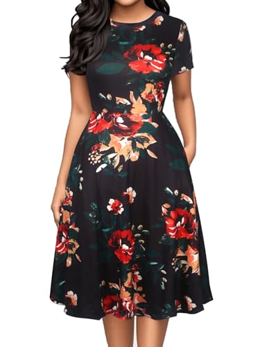 Image of oxiuly Women Casual Dress Round Neck Soft Cotton Floral A-Line Midi Summer Dresses with Pockets OX262