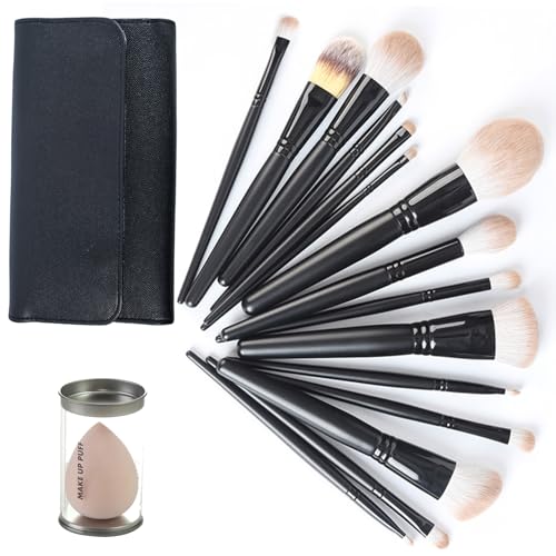 15 Pcs Makeup Brushes Set, Makeup Sponge Eggs With Case, Long Handle Loose Powder Contour Makeup Brush Fluff Large Face Brush for Liquid, Cream,Buffing (15 brushes + bag)