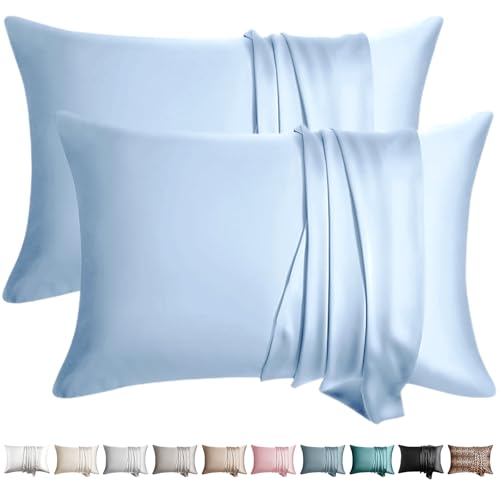 Image of 100% Silk Pillow Cases 2 Pack King Size Mulberry Silk Pillowcase for Hair and Skin Set of 2 Highest Grade 6A Silk Soft Breathable Cooling with Hidden Zipper, Sky Blue