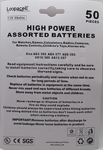 Loopacell High Power Super Alkaline Button Cell Assorted 1.5V Battery AG3/LR41 AG4/LR626 AG5/LR754 AG10/LR1130 AG13/LR44,50 Count (Pack of 1)