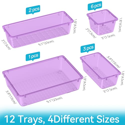 Image of ElegantArray 12-Piece Drawer Organizer Set, 4 Sizes Versatile Plastic Vanity Organizer for Makeup, Stationery, Gadgets, in Kitchen, Bathroom, Office, and Bedroom, Purple