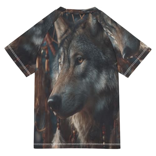 Boys Short Sleeve T-Shirts Ethnic Wolf Portrait Rashguard Kids Swim Shirts Sun UPF 50+2