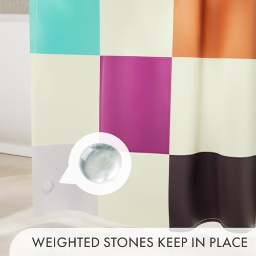 Image of AmazerBath Colorful Checkered Shower Curtain, 72x72 Washable Cloth Modern Geometric Shower Curtains for Bathroom, Fabric Cute Kids Shower Curtain Set & 12 Hooks, Rustic RV Camper Dorm Shower Curtain
