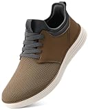 VILOCY Mens Slip On Casual Dress Shoes Hands Free Fashion Sneakers Mesh Tennis Walking Shoes Comfortable Work Shoes Breathable Lightweight Non Slip Brown,EU44