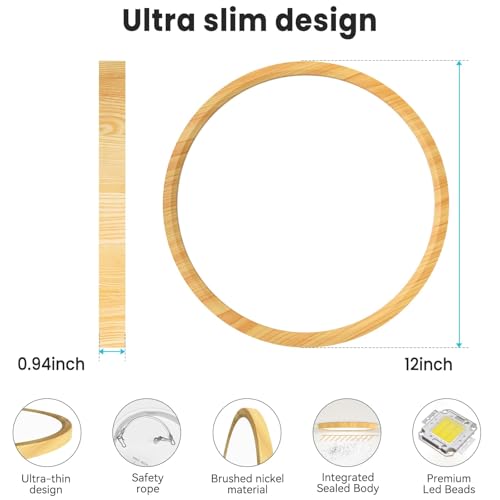 Image of libtit 2 Pack 12Inch Wooden LED Flush Mount Ceiling Light, 28W 3200lm Adjustable 3000K-6500K Color Temp | Round Lamp for Bathroom /Shower /Hallway /Kitchen