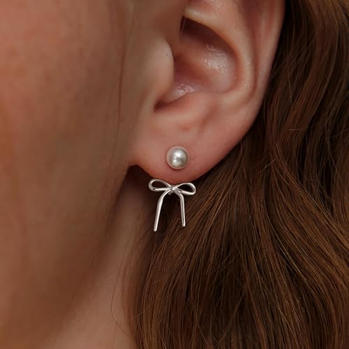 Riisami Silver Plated Earrings for Women Trendy, Dainty Pearl Bow Earrings for Women Cute Hypoallergenic Piercing Stud Earrings Simple Unique Dangle Earrings Silver Jewelry for Women Gifts Fashion Accessories by Risamil - Used condition - Image 2