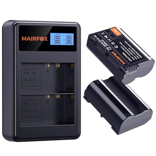 MAIRFOX 2-Pack EN-EL15c/EN-EL15/EN-EL15a/EN-EL15b Battery Charger Set for Nikon Z5 Z6 Z6II Z6III Z7 Z7II Z8 ZF, D7500 D7200 D7100 D7000‌ D850 D810 D810A D780 D750 D610 D600 D500, V1 Camera, 2300mAh