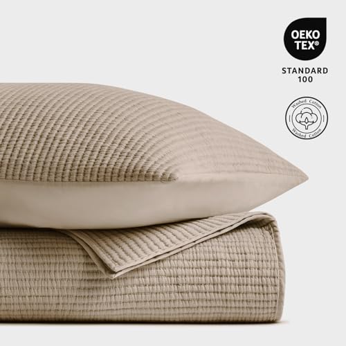 Image of EVERGRACEHOME Cotton Coverlet Set Full Queen Size 3 Pieces, Lightweight Soft Ribbed Matelasse Bedspread Quilt Set, Cozy Oversized Quilted Bedding Set with 2 Pillow Shams for All Seasons, Urban Taupe