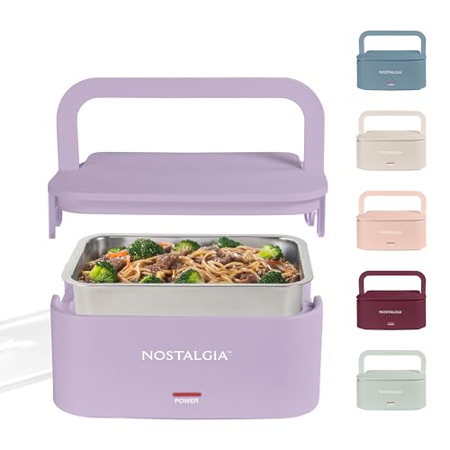 Nostalgia Portable Heated Lunch Box – 4-Cup Stainless Steel Food Warmer – Detachable Cord, Leak-Proof Lid, Carry Handle – Portable for Work & Travel – Lavender