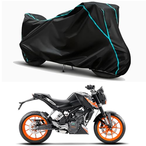 Image of Waterproof Bike Body Cover Compatible for | KTM 200 Duke | Taffeta Fabric, Sky Piping Design, Bottom Elastic Fit | Dustproof, Sun UV & Rain Protection for All Weather.