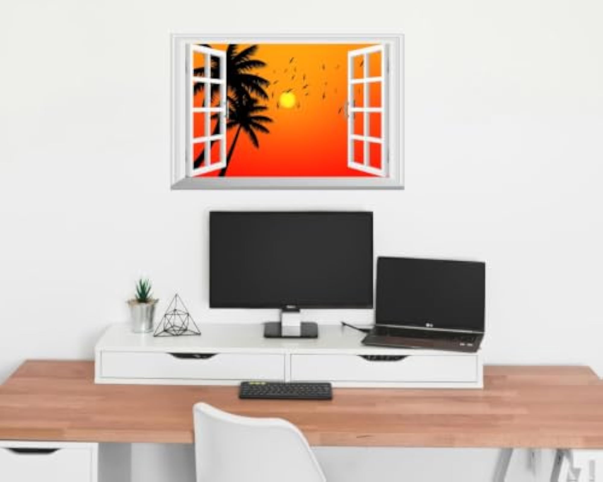 3D Open Window Palm Tree Sunset Wall Sticker