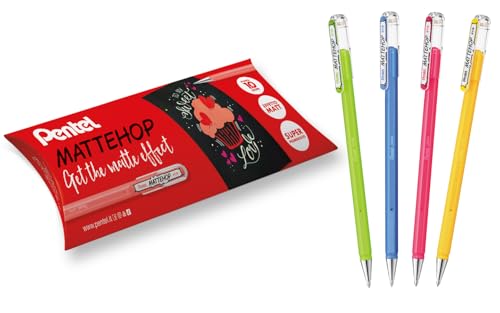 Pentel K110-V Mattehop Roller Gel Super Pigmentato Ideale Per Decorazione, Set 4 Colori Funny (Giallo, Verde Chiaro, Rosa, Azzurro)