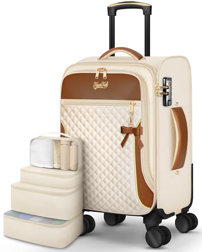 Carry On Luggage 22x14x9 Airline Approved, 20 Inch Softside Suitcase with 4 Pcs, Lightweight Luggage for Women with TSA Lock and 4 Spinner Wheels, Soft Side Carry-on Suitcases for Travel, Beige