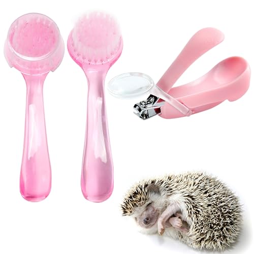 Hedgehog Toe Nail Clippers and Comb Set, 2 Pcs Hedgehog Soft Cleansing Brush and Toenail Clipper with Magnifier, Hedgehogs Massage Combs and Small Nail Clippers, Small Pet Grooming Supplies (Pink)