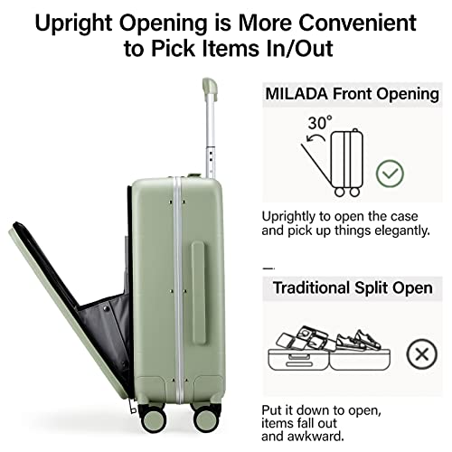 MILADA Carry On Luggage 22x14x9 Airline Approved Spinner Wheels TSA Luggage 20 Inch Hard Shell Suitcases Front Opening Pocket Rolling Aluminum Frame Travel Luggage, Bamboo Green4