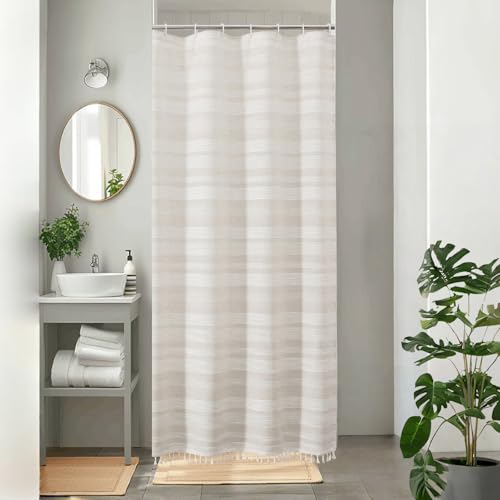 OVZME Linen Boho Stall Shower Curtain Narrow Soft Fabric Striped Textured Bathroom Shower Curtain with Tassel Modern Farmhouse Machine Washable Bath Decor Linen 36Wx72L Inches