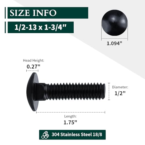 Image of 1 /2-13 x 1-3 /4 inch Black Steel Carriage Bolts, 304 Stainless Steel 18-8, Round Domed Head Square Neck Carriage Bolts Screws, Coarse Thread UNC, 8 PCS