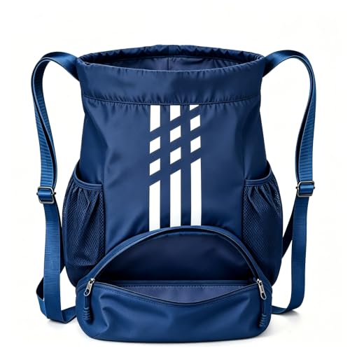 Image of Soccer Bag, Youth Soccer Basketball Bag with Compartments Drawstring Backpack for Football Volleyball Gym Training (Blue)
