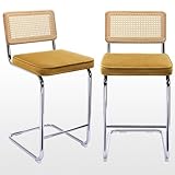 Zesthouse Natural Rattan Bar Stools Set of 2, 26'' Modern Boho Counter Height Bartools with Solid Wood Back, Mid Century Counter Stools with Velvet Cushion, Cane Back Island Chairs for Kitchen, Yellow