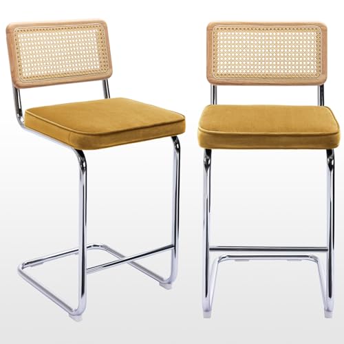 Zesthouse Natural Rattan Bar Stools Set of 2, 26'' Modern Boho Counter Height Bartools with Solid Wood Back, Mid Century Counter Stools with Velvet Cushion, Cane Back Island Chairs for Kitchen, Yellow