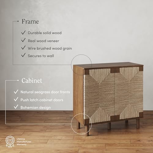 Image of Nathan James Beacon Boho Accent Cabinet with Doors, TV Stand with Adjustable Interior Shelf and Seagrass Accent, Dark Brown, Set of 2