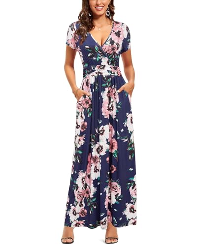 OUGES Sommerkleid Damen Kurzarm V-Ausschnitt Kleider Casual Boho Kleid...