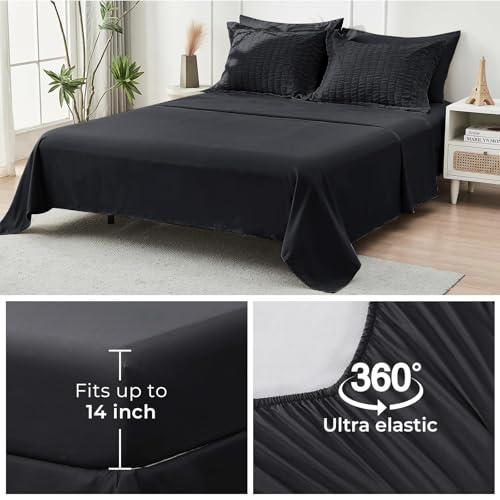 Image of HYMOKEGE Black Oversized King Comforter Set Seersucker 7 Pieces, All Season Luxury Bed in a Bag for Bedroom, Bedding Set with Comforter, Sheets, Pillowcases & Shams