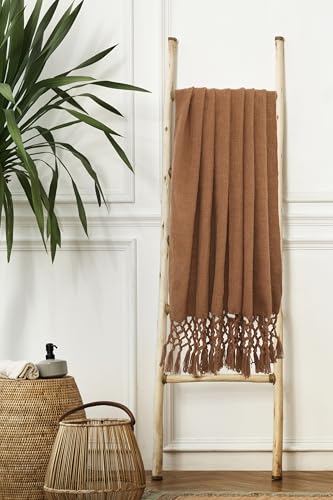 Image of HAKAM Cotton Throw Blanket with Macrame Tassels for 3 Seater Sofa | Ideal for Your Home, Living Room, Sofa, Bed, Chair, Picnic & Used for Gift - 50X70 inch | Light Orange (Small Single)